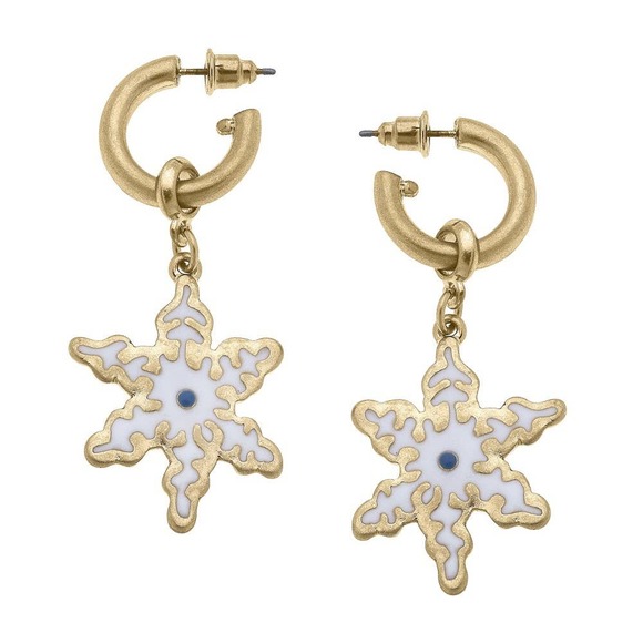 White Enamel Snowflake Cookie Dangle Drop Hoop Earrings - Picture 1 of 2